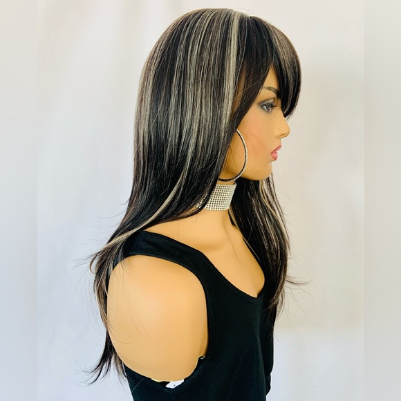 Gorgeous Salt & Pepper Color Premium Fiber Wig with Bangs - Picture 4 of 7
